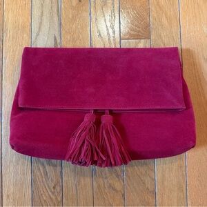 Ann Taylor Suede Foldover Tassel Clutch Dark Red Holiday Christmas Purse Bag